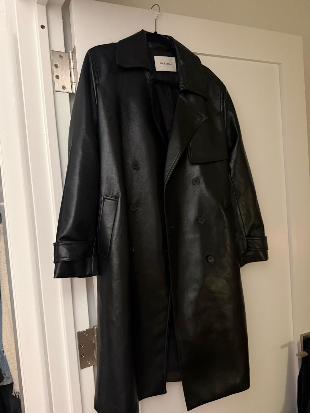 Aritzia Bardot Black Faux Leather Double-Breasted Trench Coat